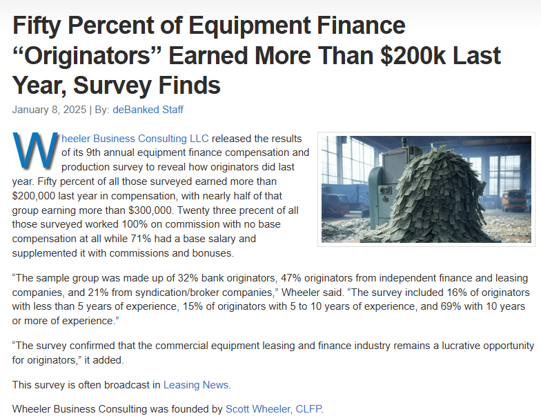 Screenshot of deBanked article about equipment finance originators earning over $200k